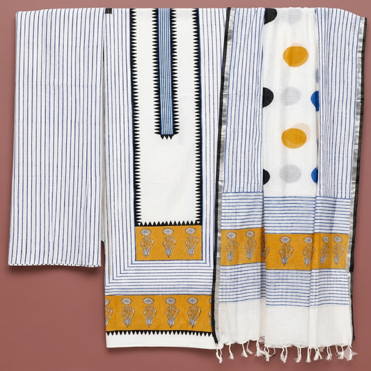 White And Blue Geometric Hand Block Print Dress Material