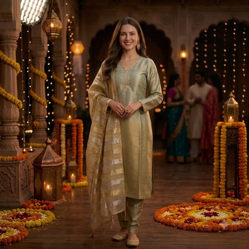 Olive Green & Golden Tissue Silk 3-Piece Kurta Set