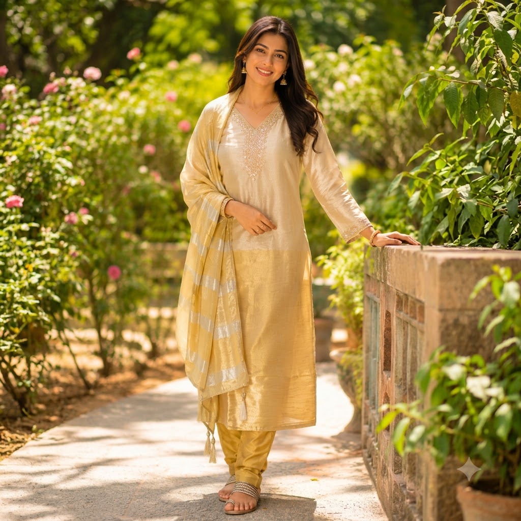 Beige and Golden Tissue Silk 3-Piece Kurta Set