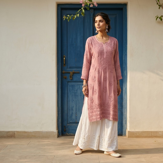 Mauve Pink Chikankari Georgette Kurta