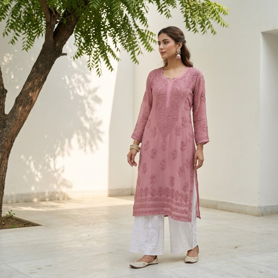 Mauve Pink Chikankari Georgette Kurta