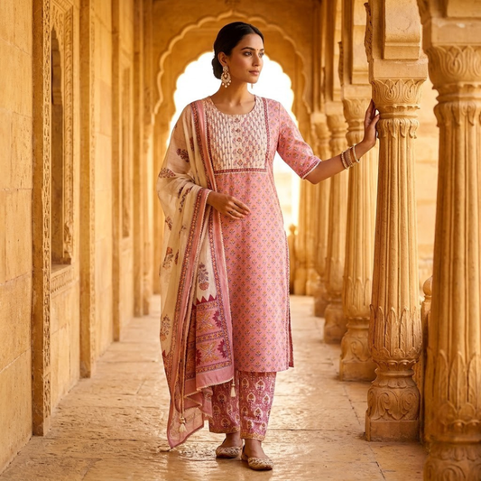 Pink Mul Cotton Pleated block print