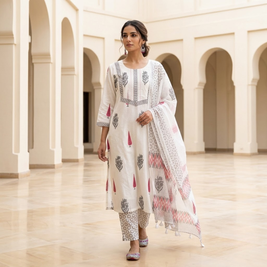 White Hand Block Pine Tree Kurta Set